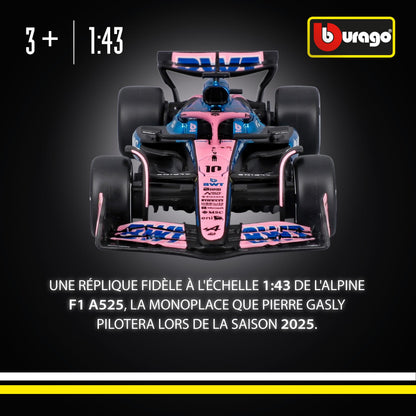 Bburago - F1 BWT Alpine A525 2025#10 Gasly, Voiture Diecast à l'échelle 1:43 avec détails Authentiques, réplique F1 Alpine, livrée Bleue/Rose, Licence Officielle, âge recommandé 3+ Ans